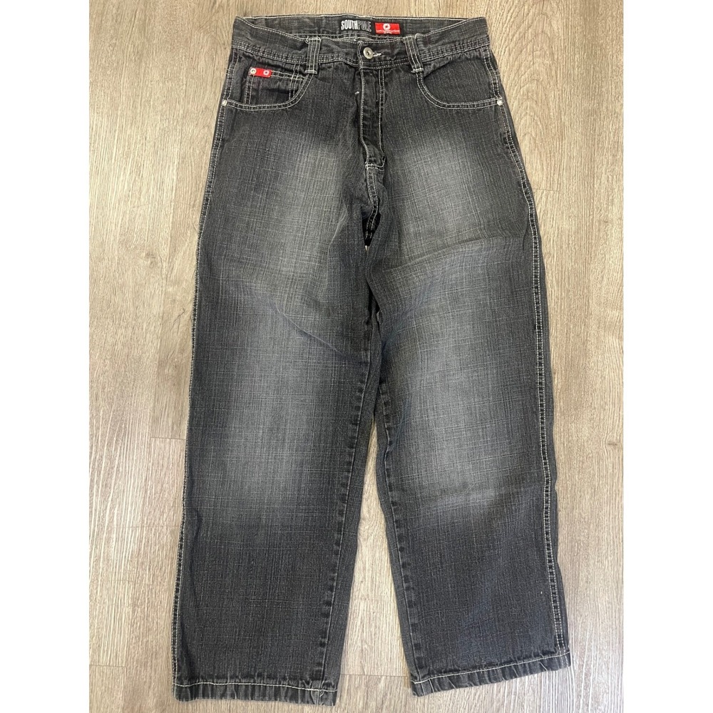 Southpole Mens Relaxed Fit Baggy Jeans Faded Black Contrast Stitch Y2K Size 30